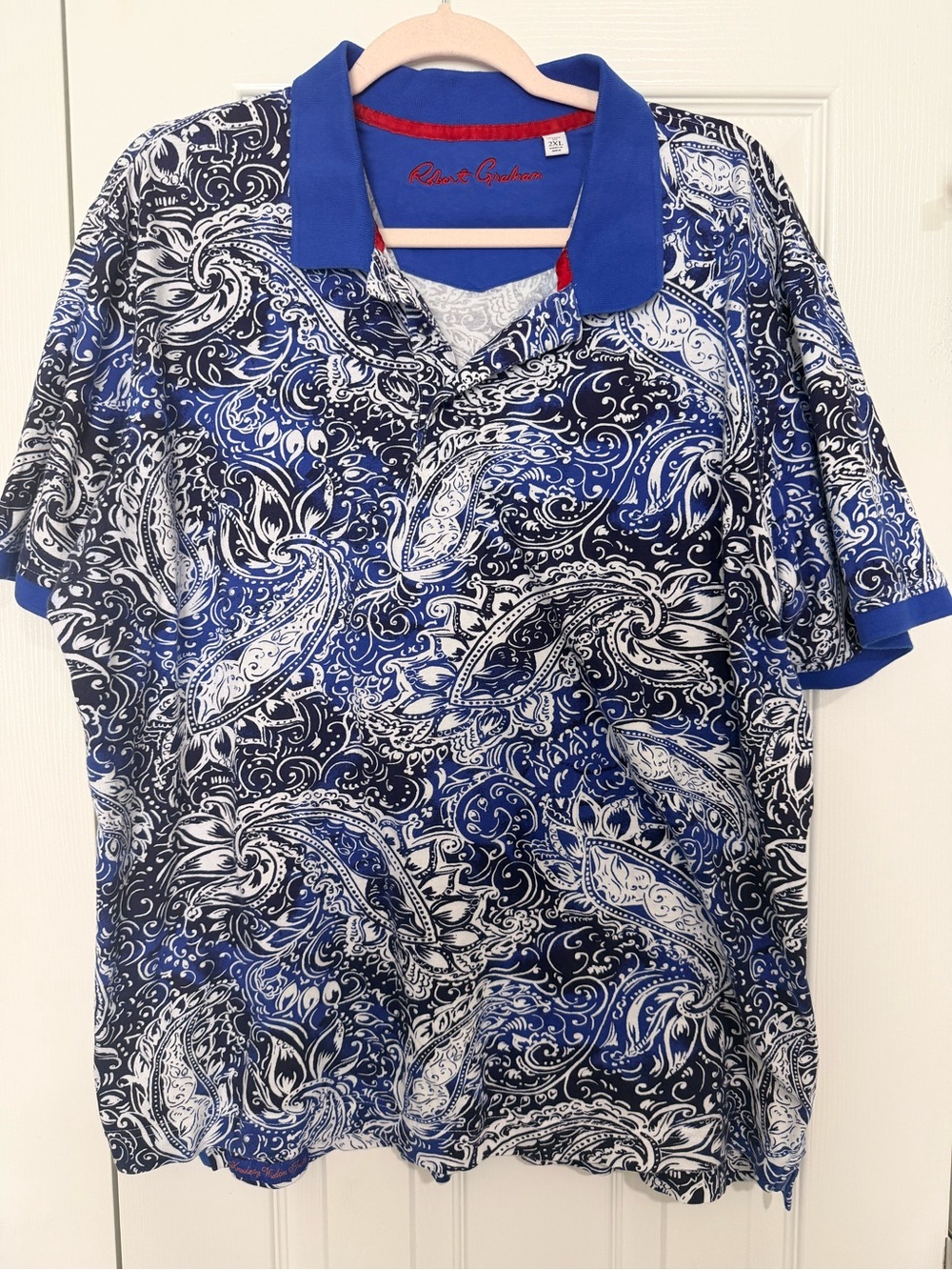 Robert Graham Blue and White Paisley Polo with Contrast Collar
